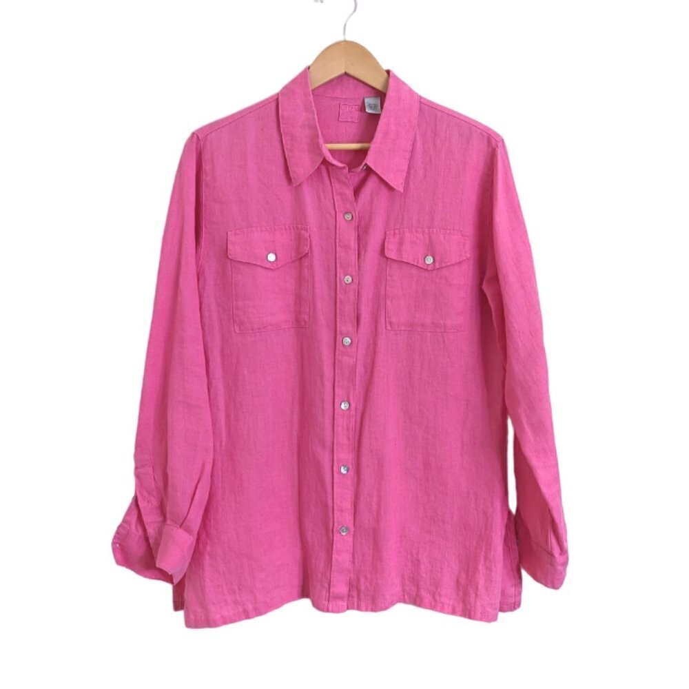 New Lino by Chico 100% Linen Button Up Long Sleeve Shirt Pink Size 1 (8-M)